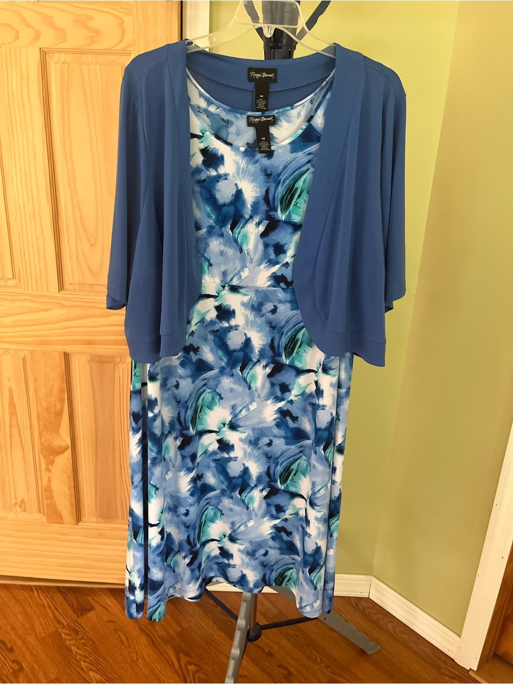 Blue Watercolor Print Dress with Capelet